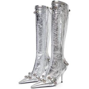 Women's Faux Leather Silver Stiletto Knee High Pointed Toe High Heel Zipper Boot